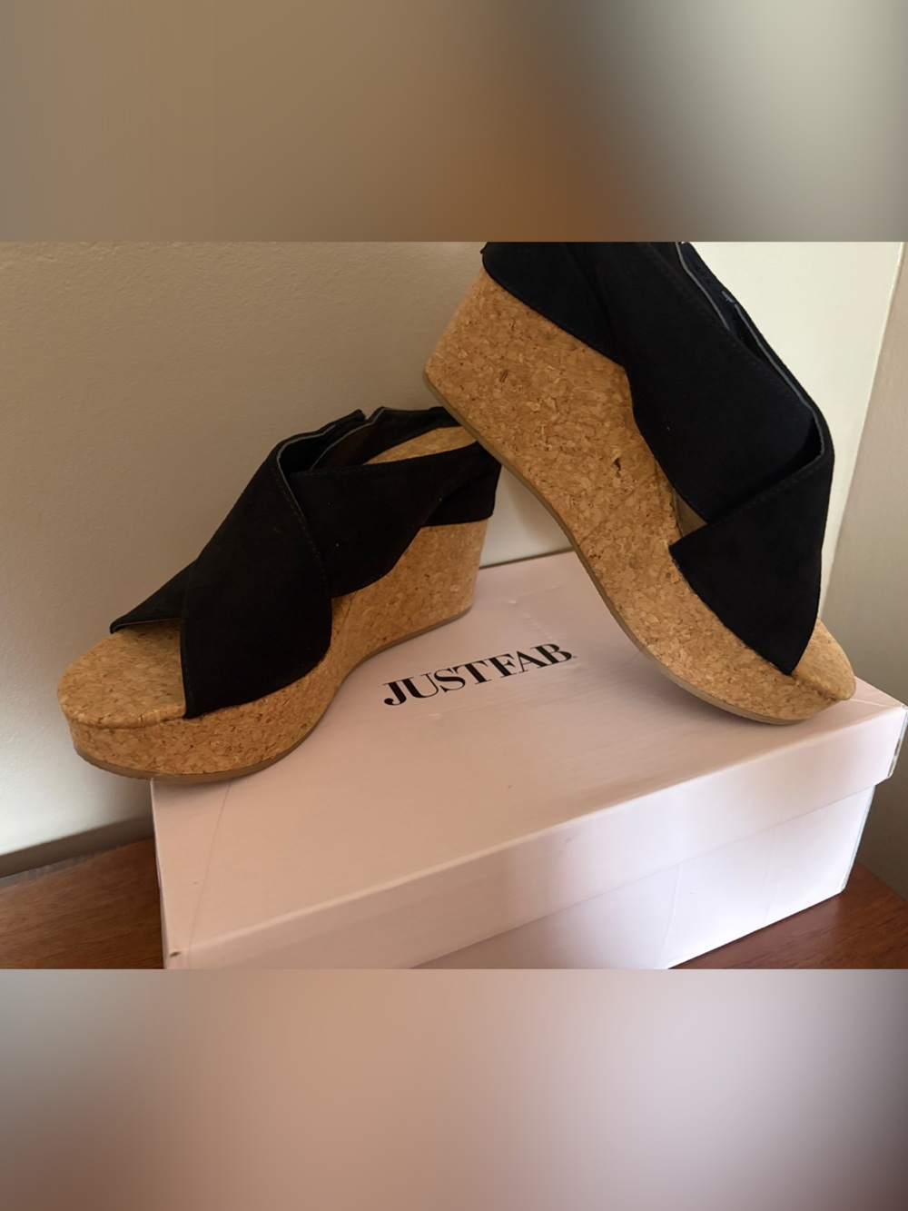 JustFab Black Cork Platform Wedges
